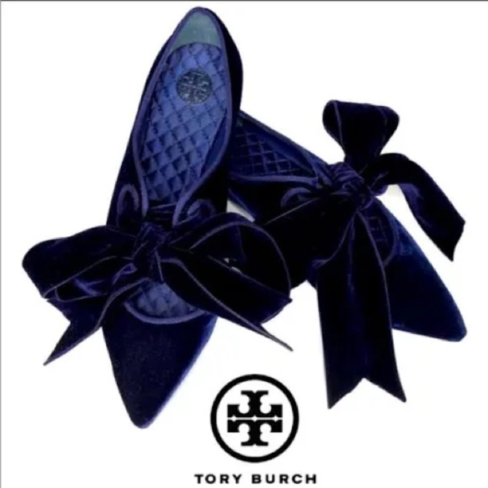 Tory Burch Clara Blue Velvet Bow Flats 8.5